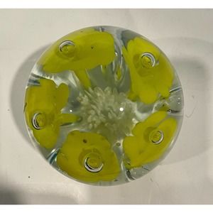 Blown Glass Globe Paperweight Yellow Daffodil Flower Controlled Bubble Crocus